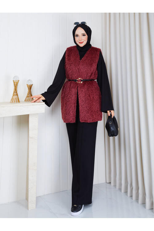4003 Bordo Kemerli Kürk Yelek