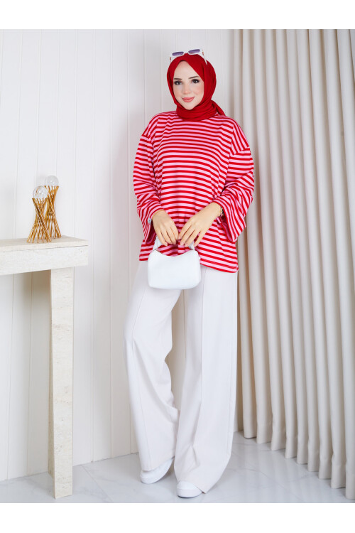 6001 Pembe kırmızı  Oversize Oysho Kumaş Bluz
