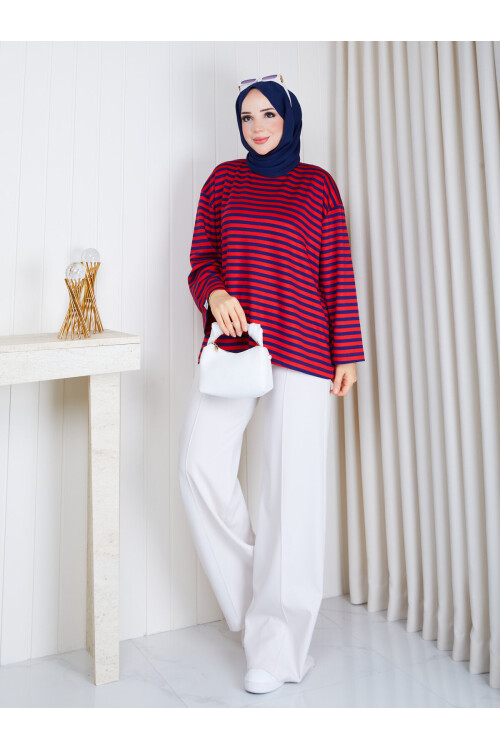 6004 Kırmızı Lacivert  Çizgili Oversize Oysho Kumaş Bluz