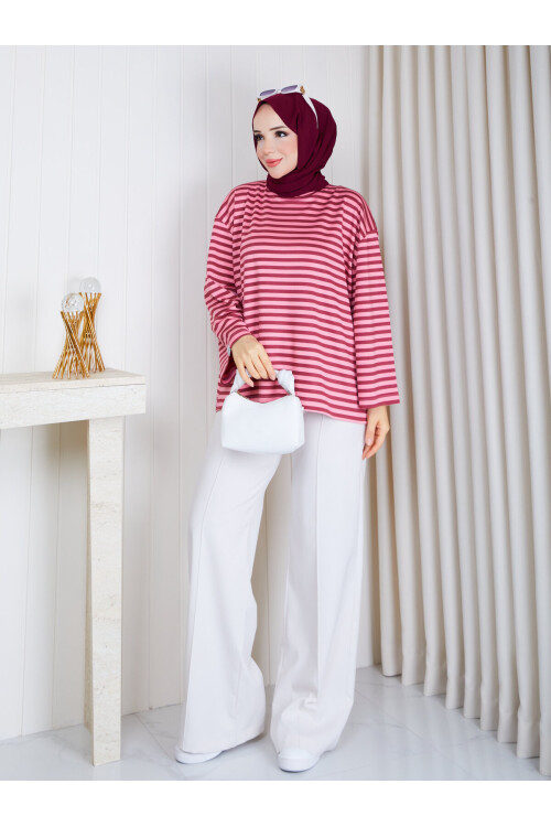 6006 Bordo Pembe Çizgili Oversize Oysho Kumaş Bluz