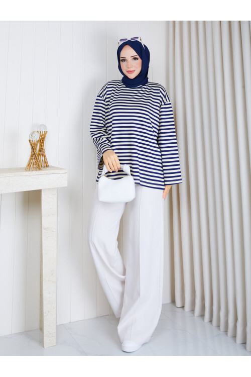 6007 Lacivert Ekru Çizgili Oversize Oysho Kumaş Bluz