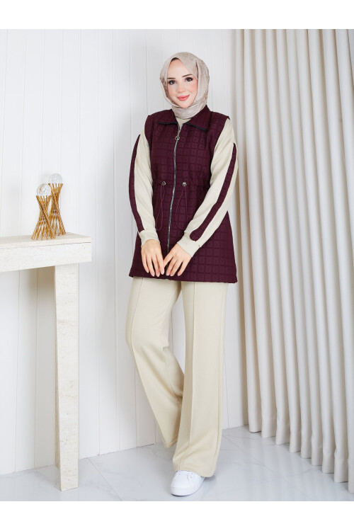 7003 Bordo Kapitone Yelekli 3’lü Spor Takım – Taş-Bordo