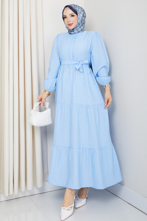 ADELYA HAKİM YAKA KATLI ELBİSE-BEBE MAVİ