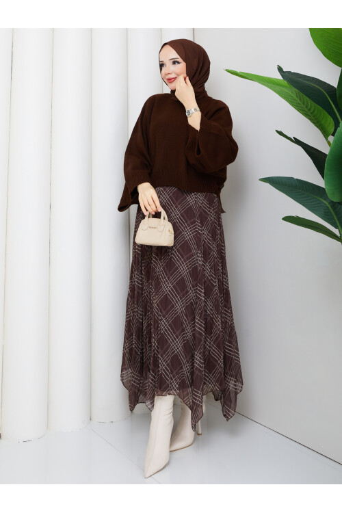 ASİMETRİK ETEK CROP KAZAK KOMBİN - ACI KAHVE