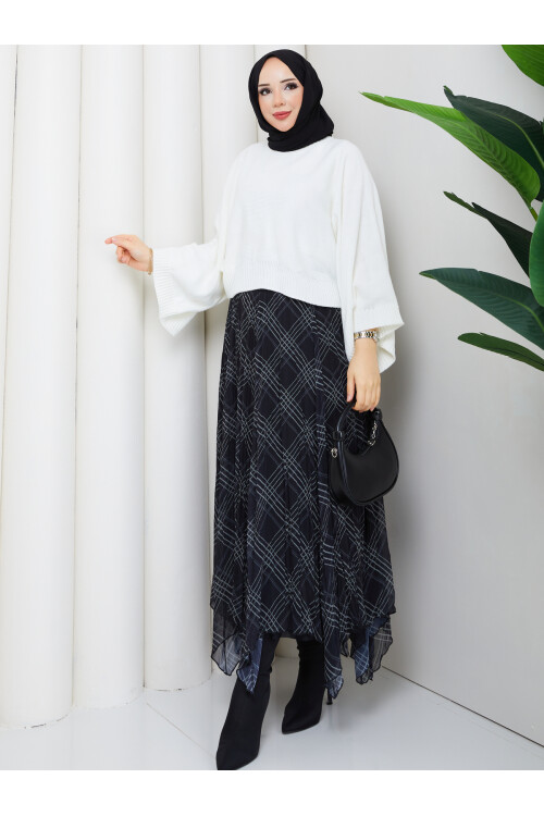 ASİMETRİK ETEK CROP KAZAK KOMBİN - BEYAZ