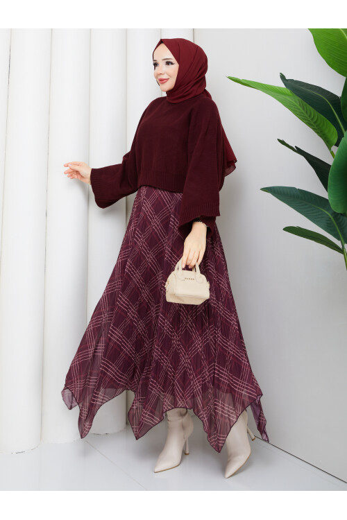 ASİMETRİK ETEK CROP KAZAK KOMBİN - BORDO