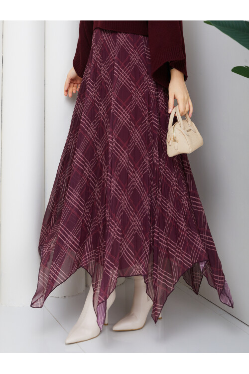 ASİMETRİK ŞİFON ETEK - BORDO