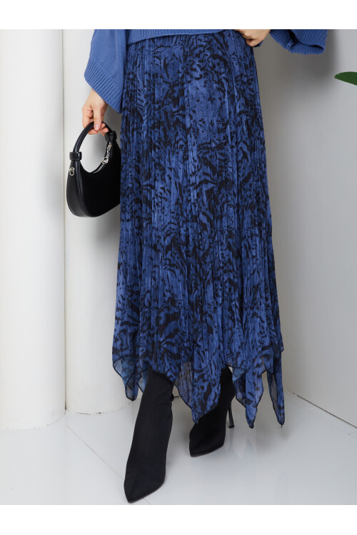 ASİMETRİK ŞİFON ETEK - MAVİ