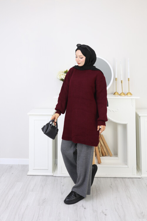 BALON KOL DÜZ KAZAK -BORDO