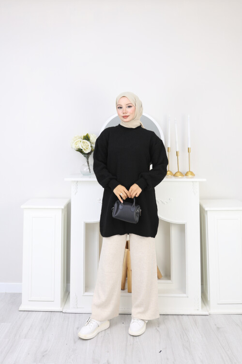 BALON KOL DÜZ KAZAK -SİYAH