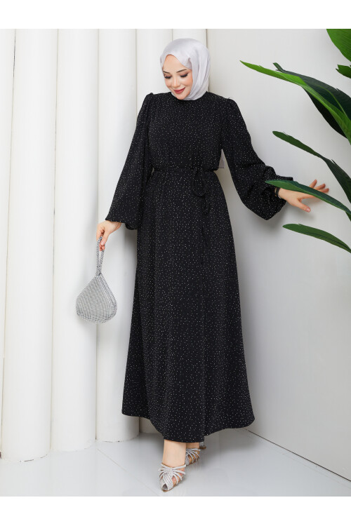 BALONKOL TAŞLI NOBEL ELBİSE - SİYAH