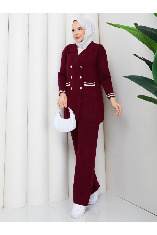 ÇELİK ÖRME DÜĞME DETAY TRİKO TAKIM -BORDO