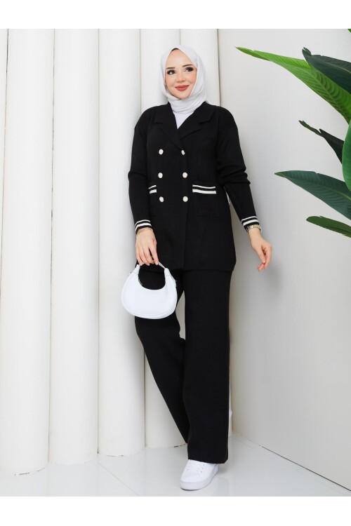 ÇELİK ÖRME DÜĞME DETAY TRİKO TAKIM -SİYAH