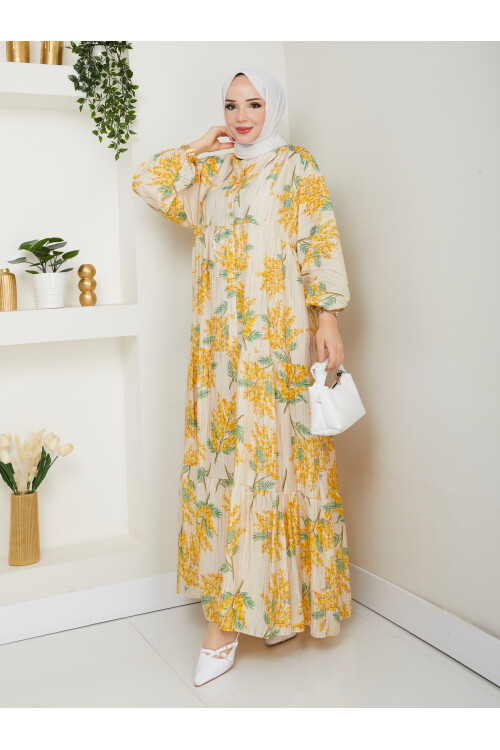 ÇİÇEK DESENLİ ELBİSE-SARI