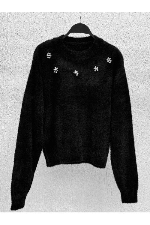 Çiçek Taş Desen Tüy Kazak Siyah