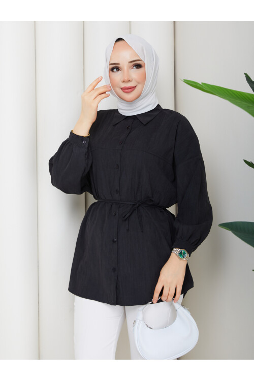 ÇİLEK BELDEN İPLİ GÖMLEK - SİYAH