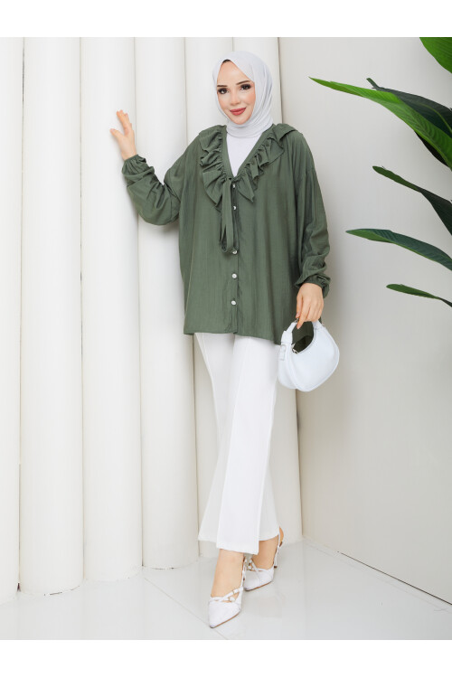 ÇİLEK FIRFIRLI DÜĞMELİ GÖMLEK KOMBİN - HAKİ