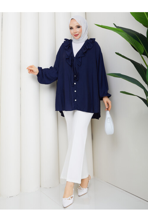 ÇİLEK FIRFIRLI DÜĞMELİ GÖMLEK KOMBİN - LACİVERT