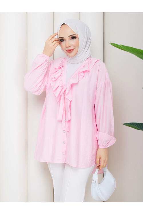 ÇİLEK FIRFIRLI DÜĞMELİ GÖMLEK - TOZ PEMBE