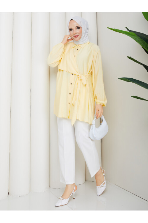 ÇİLEK YAN BAĞLAMALI GÖMLEK KOMBİN - SARI