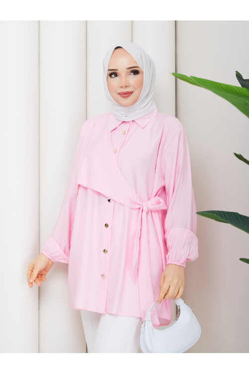 ÇİLEK YAN BAĞLAMALI GÖMLEK - TOZ PEMBE