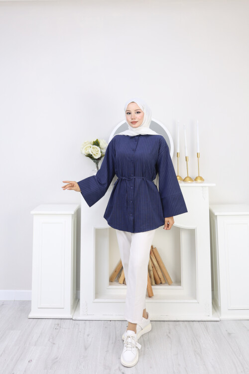 ÇİZGİLİ SÜET GÖMLEK - LACİVERT