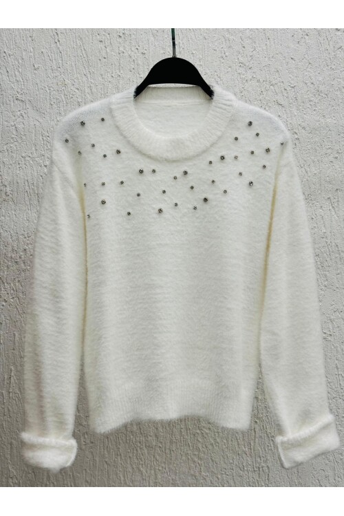 Dağınık Taş Desen Tüy Kazak Beyaz