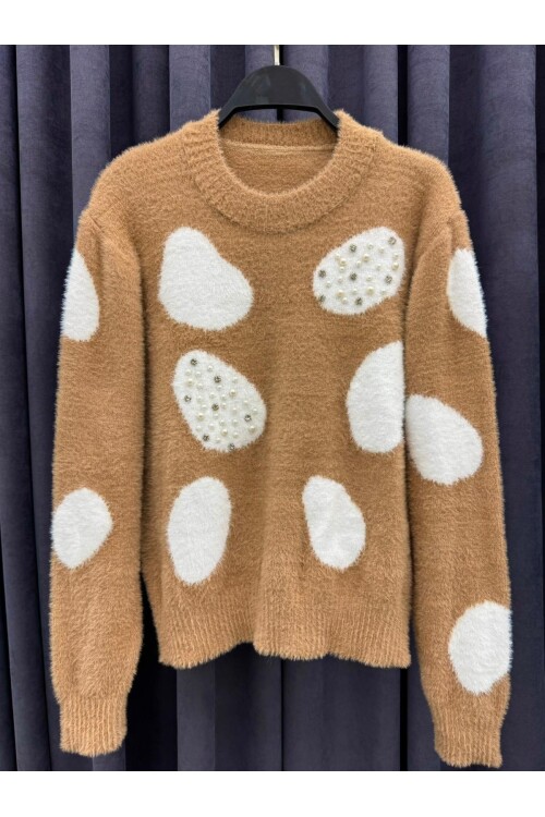 Desenli İnci Detaylı Tüy Kazak Camel