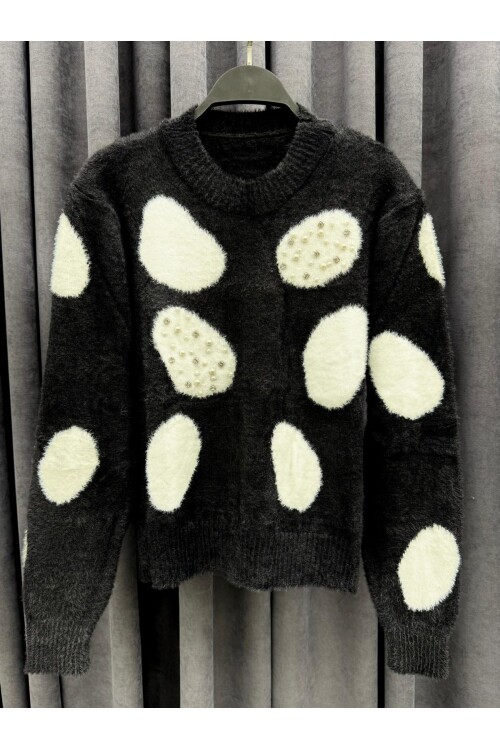 Desenli İnci Detaylı Tüy Kazak Siyah