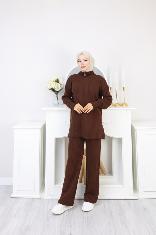 FERMUAR DETAY TRİKO TAKIM - ACI KAHVE