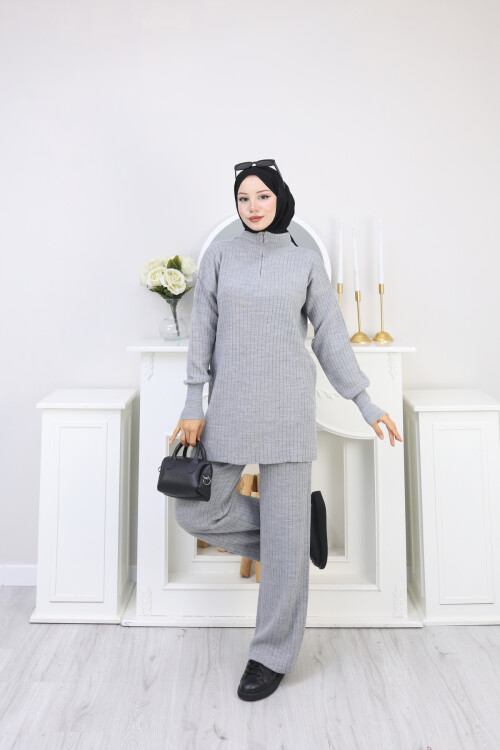 FERMUAR DETAY TRİKO TAKIM - GRİ