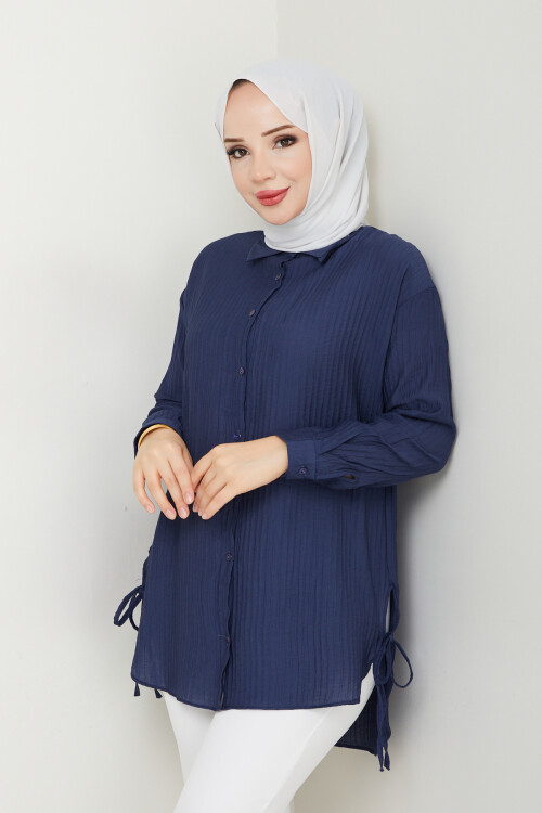 FİTİLLİ YANLARI İPLİ GÖMLEK-LACİVERT