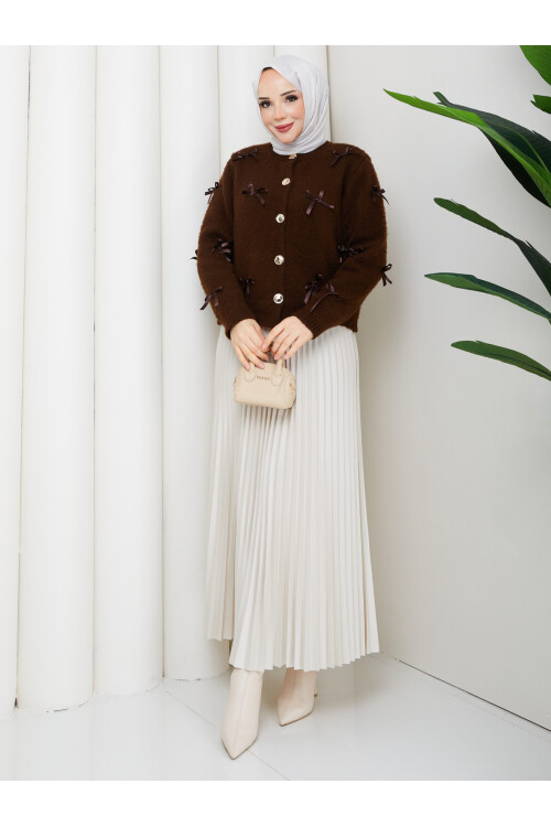 FİYONKLU TRİKO HIRKA ETEK KOMBİN - ACI KAHVE