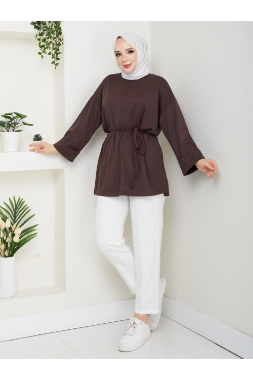 İP BAĞLAMALI  OYSHO YIRTMAÇLI TÜNİK - ACI KAHVE