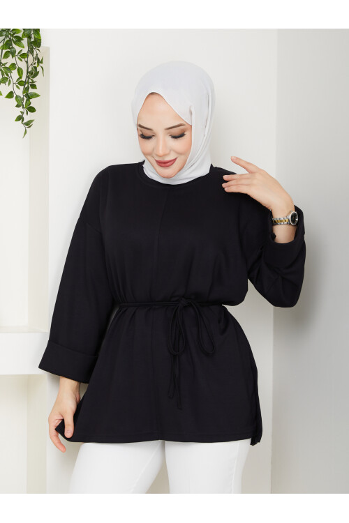 İP BAĞLAMALI  OYSHO YIRTMAÇLI TÜNİK -SİYAH