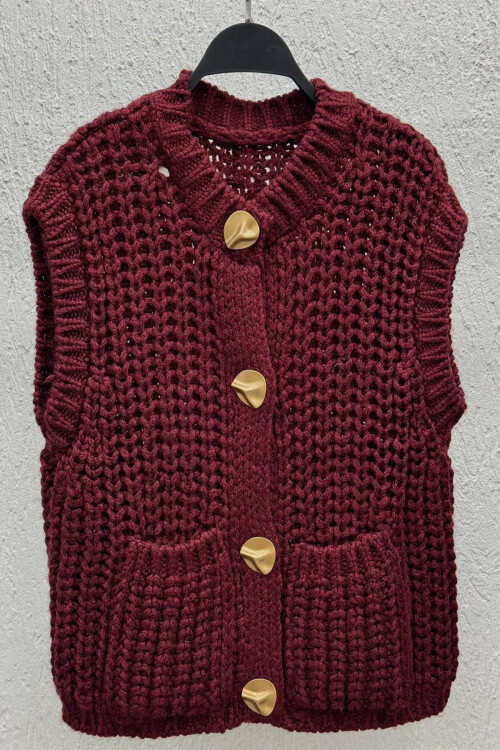 Kalın Örgülü Trend Yelek Bordo