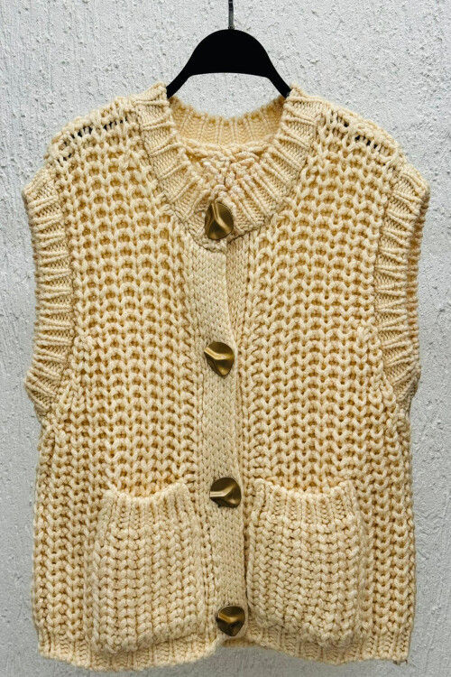 Kalın Örgülü Trend Yelek Krem