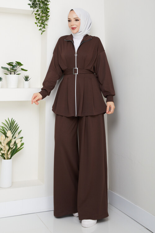 Kemerli Bol Paça Takım Kahverengi