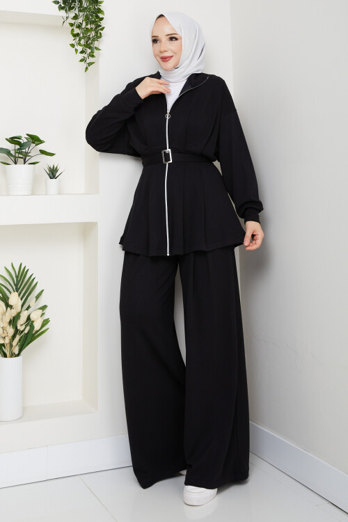 Kemerli Bol Paça Takım Siyah
