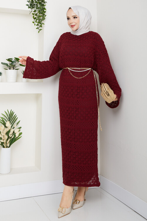 Kemerli Triko Elbise Bordo