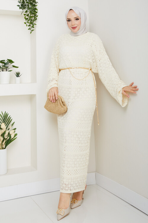 Kemerli Triko Elbise Krem