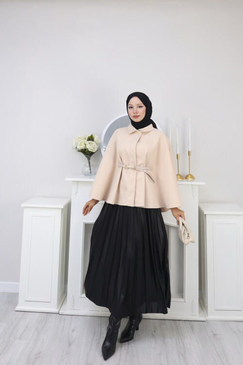 KISA  KEMERLİ PANÇO -KREM