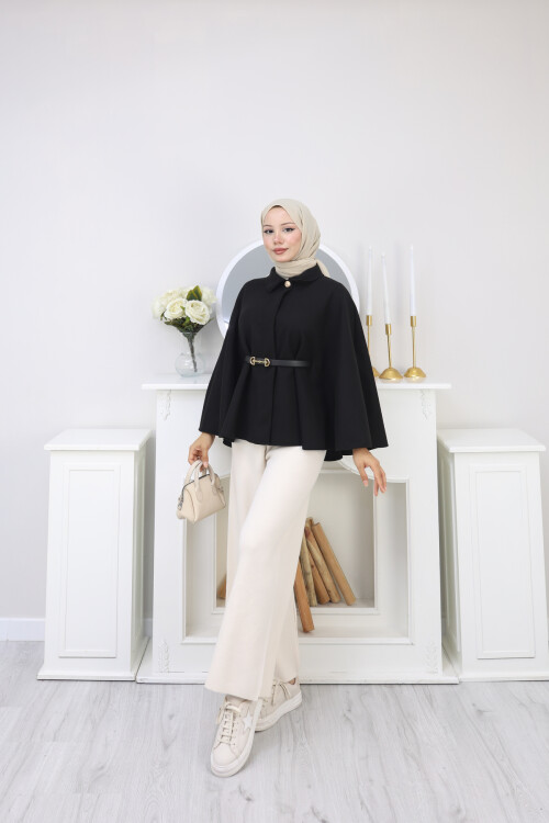 KISA  KEMERLİ PANÇO -SİYAH