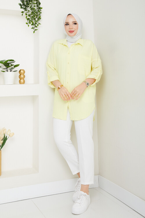 KOL KATLAMALI ŞERİT GÖMLEK KOMBİN-SARI