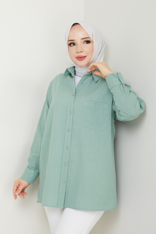 KRMT TEK CEPLİ KETEN GÖMLEK-TURKUAZ