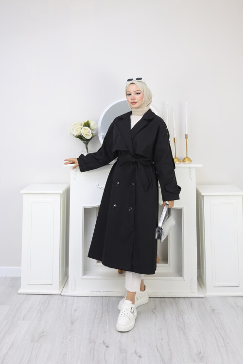 KUKUŞAKLI UZUN TRENÇKOT-SİYAH
