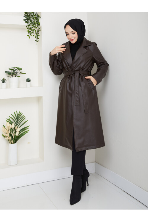 KUŞAKLI  UZUN DERİ TRENÇ - ACI KAHVE