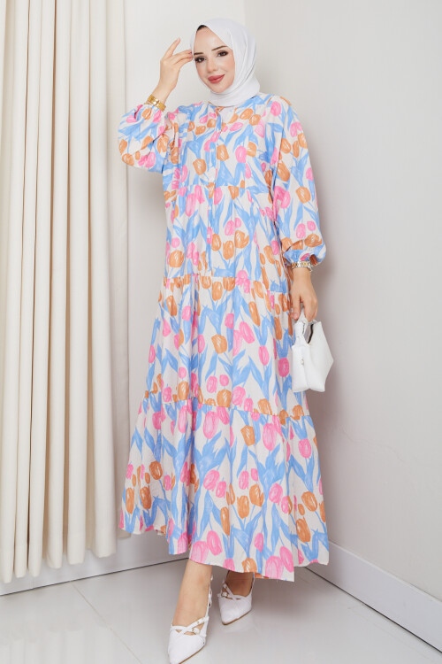 LALE DESEN ELBİSE-MAVİ