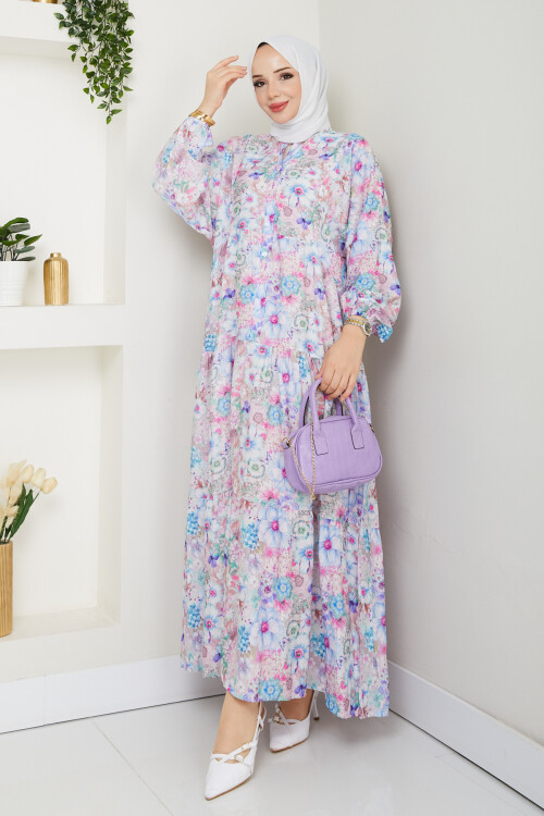 MANGO KÜÇÜK DESENLİ SALAŞ ELBİSE-LİLA