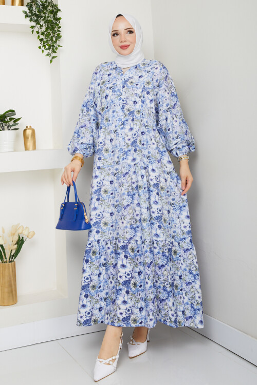 MANGO KÜÇÜK DESENLİ SALAŞ ELBİSE-MAVİ